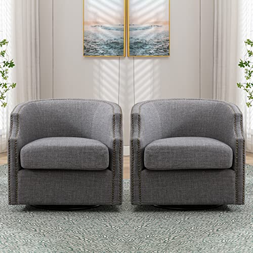 Swivel Accent Chair Set of 2, Polyester Fabric Comfy Round Barrel Chair for Living Room, 360 Degree Club Chair for Nursery Bedroom Living Room Hotel Office, Grey