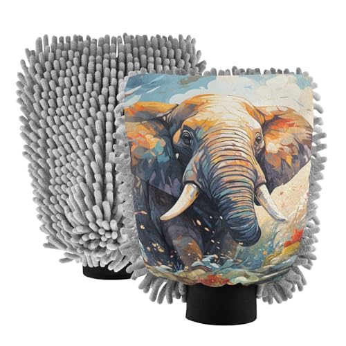 ALAZA Elephant in Forest Car Wash Mitt Scratch Free, 2 Pack Absorbent Microfiber/Chenille Washing & Drying Mitts, M