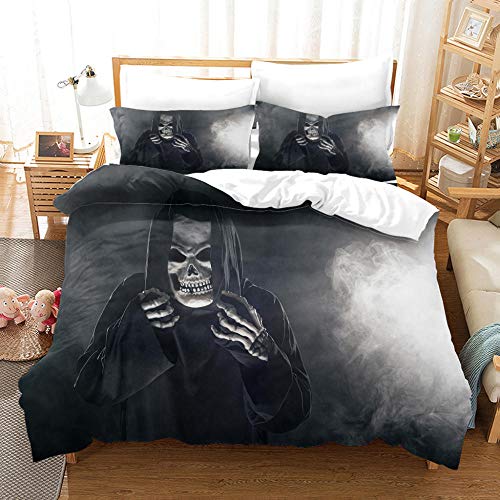 DRFQSK Kinder Bettwäsche 135X200 3 Teilig Microfaser Bettbezug Jungen Mädchen Sommerbettwäsche Super Weiches Hypoallergen 3D Halloween-Skelett-Sensenmann Bettbezüge Mit Reißverschluss Und 2 Kissenbez Cover
