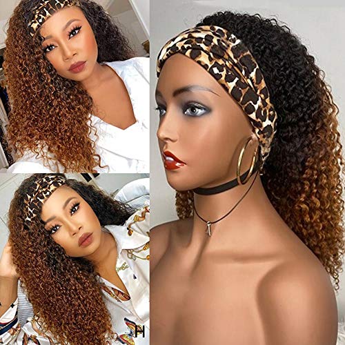Ombre Human Hair Curly Headband Wig Afro Kinky Curly Brazilian Virgin Hair Glueless Dark Roots None Lace Front Wigs for Black Women Jerry Curl Wigs 150% Density 20 Inch