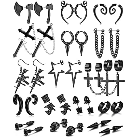 CASSIECA 16 Paar Edelstahl Punk Y2K Schwarz Ohrringe für Männer Axt Schädel Schraube Kegel Huggie Hoop Lange Kette Piercing Creolen Set für Unisex Ohrringe für Frauen Schmuck für Party Geburtstag Cover