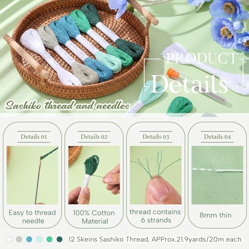 Image of Zeyune 12 Skeins Green Sashiko Thread 100% Cotton and 12 Pcs Needles Thread 20m(21.8yds) Sashiko Kit for Hand Quilting and Embroidery Projects Pick Stitching Denim