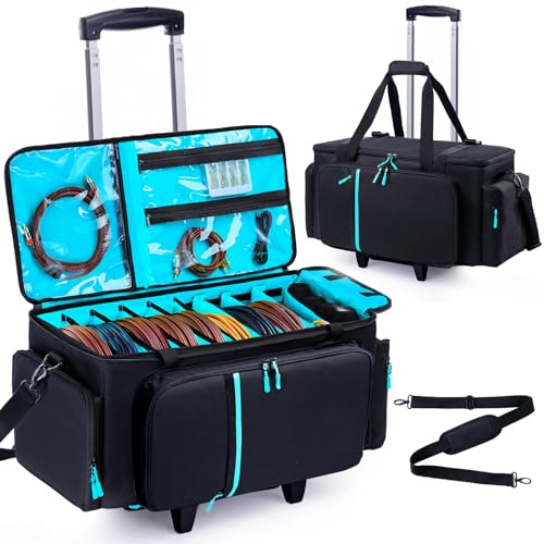 Rolling DJ Cable Bag with Wheels-Large DJ Equipment Bag with 5 Cable Slots & 3 Removable Dividers...