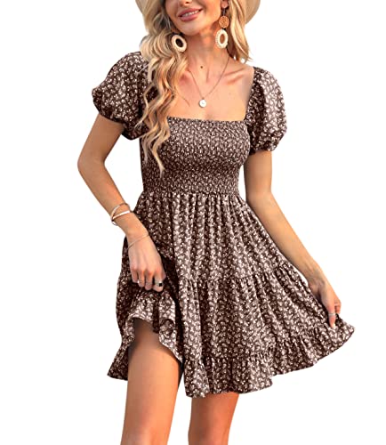 Veatzaer Women's Puff Sleeve Square Neck Smocked Babydoll Dress Boho Floral Print Off Shoulder Ruffle Mini Short Dress