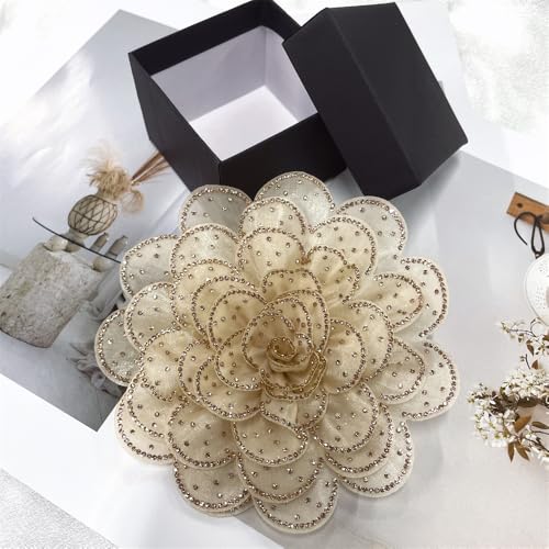 Image of Rhinestone Camellia Flower Big Brooch Lapel Pins for Women Fashion Crystal Fabric Floral Brooches Pin for Dresses Suit Accessories Jewelry Boutonniere Corsage Wedding Party 140mm