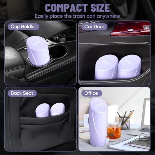 Image of Car Trash Can Bin with Lid - Car Garbage Can Cup Holder - Light Purple Mini Leakproof Vehicle Garbage Bin with 20pcs Trash Bags-Automotive Organizers and Storage for Front Back Seat Accessories