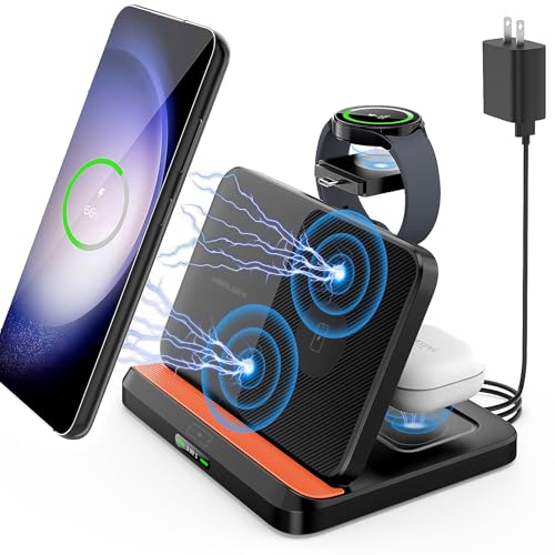 Wireless Charging Station for Samsung and Android, 3 in 1 Foldable Wireless Charger Fast Charger Stand for Galaxy S24/S23/S22/S21/S20 Z Fold 6/5/4/3 Z Flip 6/5/4/3, Note20, Watch 6/5/Pro/4/3, Buds