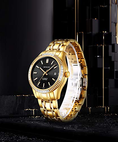 Image of BINLUN Men's Automatic Gold Watches 18K Gold Plated Diamond Mechanical Watch Waterproof Stainless Steel Skeleton Wrist Watch for Men