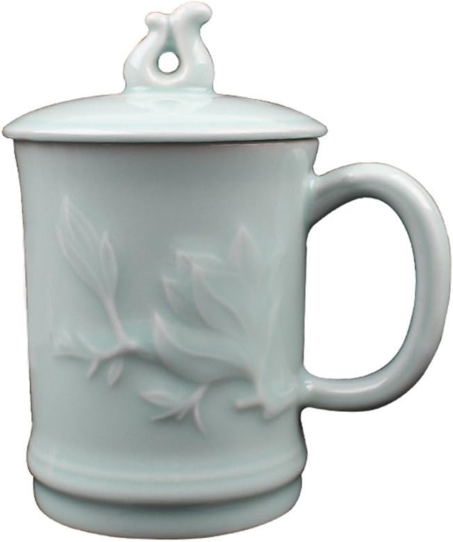 Teacups Ceramic Coffee Mugs with Lid 11-Ounce Celadon Glazed Embossed Orchid(Sky blue,1)