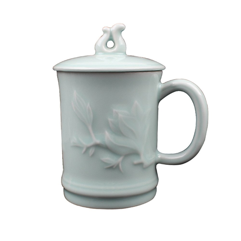 Teacups Ceramic Coffee Mugs with Lid 11-Ounce Celadon Glazed Embossed Orchid(Sky blue,1)