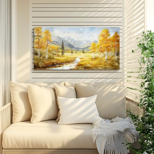 crmotu Autumn Landscape Wall Art, Birch Tree Forest Large Artwork, Mountain River Scenic Canvas Painting, Rustic Aesthetic Pictures Wall Decor Living Room Bedroom Bathroom Kitchen Art Prints 20x40inch