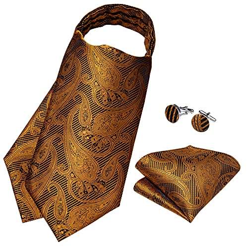 Image of DiBanGu Mens Silk Ascot Ties Paisley Jacquard Woven Cravat and Pocket Square Cufflinks with Lapel Pin for Business Wedding