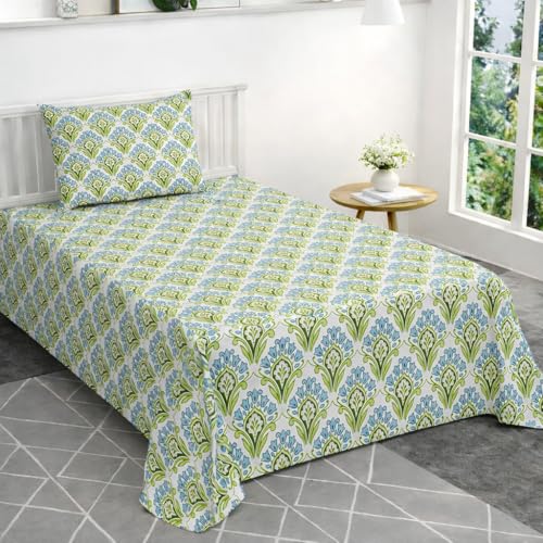 Image of VOMZER Single Size (60x90) 300 TC Soft Cotton Feel Microfiber Flat Single Bedsheet with 1 Pillow Cover | Aqua Mint