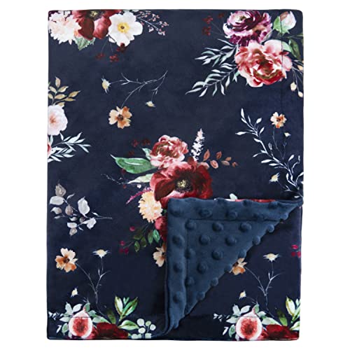 Image of BORITAR Baby Blanket for Girls Super Soft Double Layer Minky with Dotted Backing Dark Blue Blanket with Beauty Floral Printed 30 x 40 Inch(75x100cm)