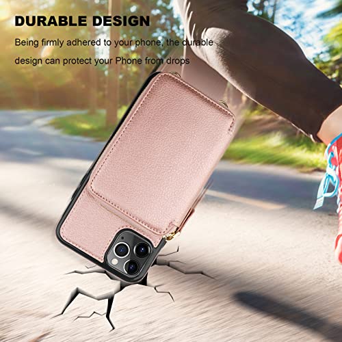 Bocasal RFID Blocking Wallet Case for iPhone 11 Pro Max, Adjustable Crossbody Zipper Purse Case Card Holder with Kickstand Detachable Wrist Strap, PU Leather Flip Folio Case 6.5 Inch (Rose Gold) by Bocasal - Image 8