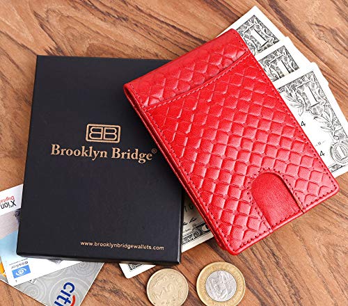 Image of Brooklyn Bridge Genuine Leather Money Clip Wallet for Men Diamond VT Red - Premium Slim RFID Protected Wallet with Cash Clip & Multiple Card Slots, Stylish Front Pocket Design, Gift for Men