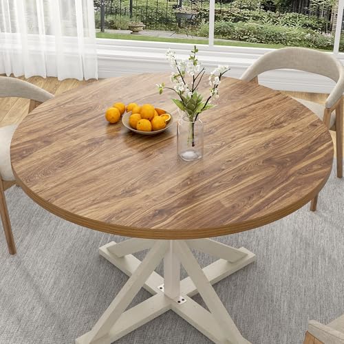 Round Wood Dining Table for Kitchen,Dining Room,Living Room,Farmhouse Dinner Tables W/Thickened Brown Wooden Waterproof Tabletop for 4 People,47 inch Rustic Kitchen Table W/Metal Support(Oak)