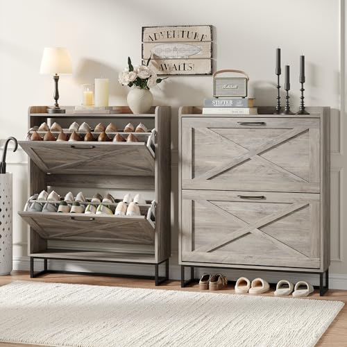 Image of Maupvit Shoe Cabinet with 2 Flip Drawers, Freestanding Shoe Cabinet Organizer with Metal Legs, Shoes Storage Cabinet for Entryway, Narrow Shoe Rack Cabinet, Washed Gray