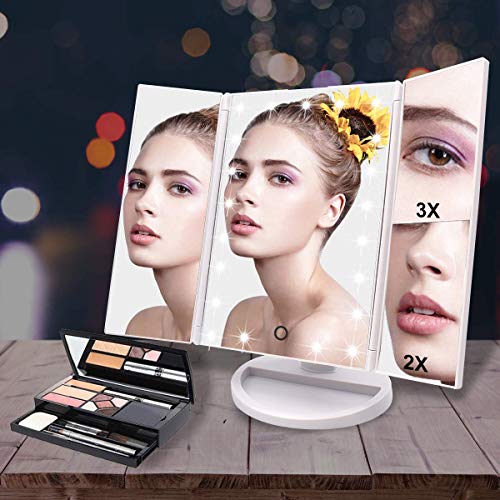 WEILY Miroir de courtoisie, 21 LED et grossissement 1X / 2X / 3X, Interrupteur Tactile pour régler la luminosité, Miroir de Maquillage en Mode Double Alimentation (Blanc)