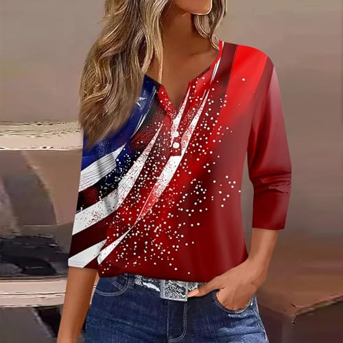 Image of 4th of July Shirts Women 3 /4 Length Sleeve Womens Tops Henley Neck Casual Patriotic T Shirts