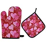 QUGRL Red Pink Hearts Oven Mitts and Pot Holders Sets Happy Valentine's Day Heat Resistant Hot Pads...