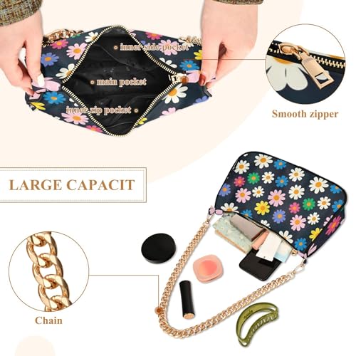 Colorful Daisy Floral White Black Designer Handbag Womens Ladies Shoulder Bag Prints Hobo Purse Bags Zipper Closure Chain Strap4
