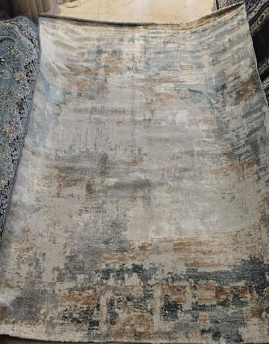 Image of 5x7 Feet (150x210 CM) Carpet for Living Room Hall & Bedroom - Olive Green Modern Abstract Geometric Silk-Touch Luxury Hotel-Style Washable Anti-Skid Turkish Area Rug