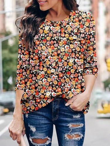 KISSMODA Women's Casual 3/4 Sleeve T-Shirts Round Neck Cute Tunic Tops Basic/Pleated Summer Tops Trendy Spring Blouses