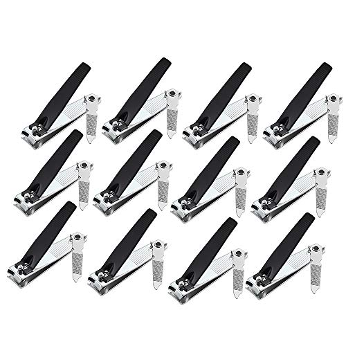 12 Pcs Black Stright Cutting Edges Nail Clippers For Fingernails and Toenails By YWQ - Swing Out Nail Cleaner/File - Popular Gifts For Men & Women - Best Sharp Stainless Steel Clipper