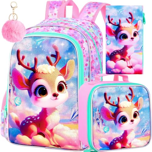Image of AGSDON 3PCS Backpacks for Girls, 16 inch Kids Backpack with lunch box, Cute Deer Water Resistant Bookbag Set for Preschool Toddler