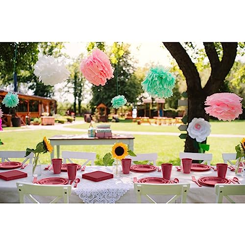 Image of 350 Pcs Burgundy Plastic Plates For Party, Burgundy Disposable Plates Set, 50 Of Each 9 inch Dinner Plate Set, 7 inch Dessert Plate, Cups, Napkins & Cutlery Plastic Dinnerware Set Exquisite