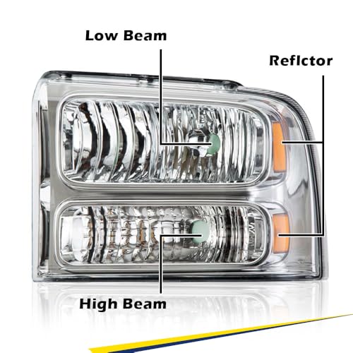 Image of GRAND ORANGE Headlights Assembly Compatible with 2005-2007 Ford F250 F350 F450 F550 Super Duty /Fit 2005 Ford Excursion Headlamp Clear lens Chrome Houing Amber Reflector