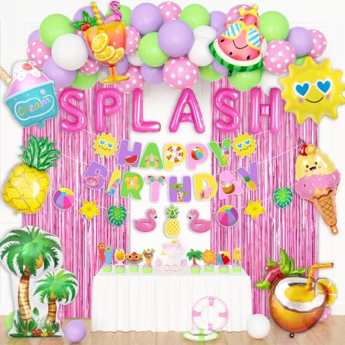 Ouddy Life Summer Pool Beach Party Decorations, Splish Splash Birthday Party Decoration Pink Balloons Banner Cake Topper for Swimming Water Luau Tropical Theme Hawaii Holiday Party Decor Supplies