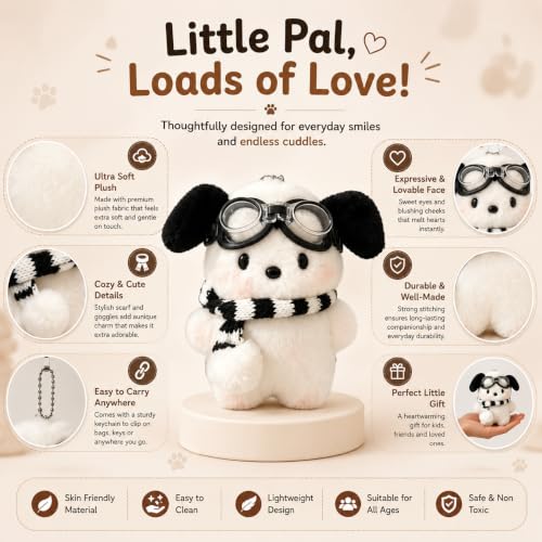 Image of Babique Puppy Plush Keychain 13 cm - Cute Dog Soft Toy Keyring with Goggles & Scarf, Stuffed Animal Bag Charm for Kids, Girls & Gifts