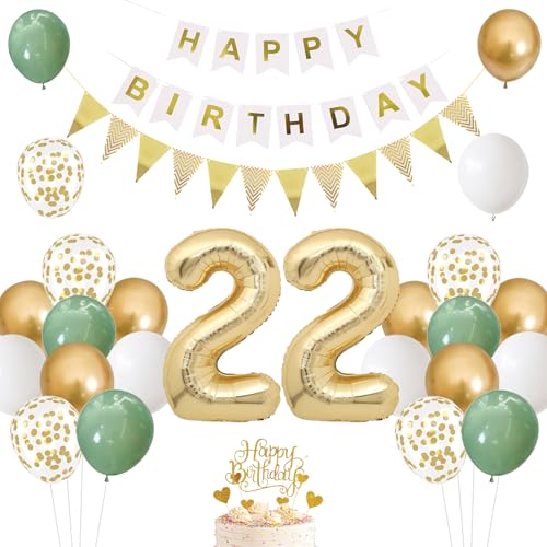 Décoration d'anniversaire 22 ans, pour femme, vert sauge, doré, ballons pour 22 ans, ballons Happy Birthday, 22 ans