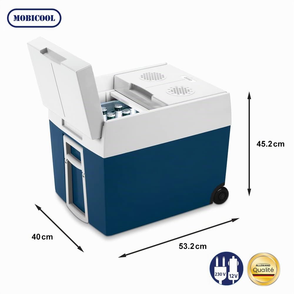 Mobicool MT48W glacière électrique 48L – 12V et 230V – Glacière portable avec roues pour camping, voiture, camion et activités outdoor – Refroidissement puissant en déplacement – Bleu