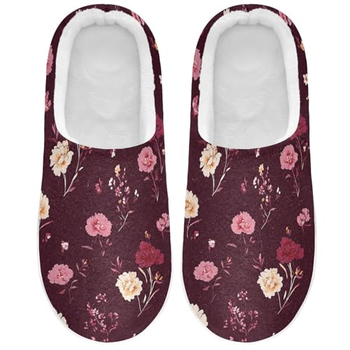 JUNZAN Flowers Carnation Iris Peonies Burgundy Cotton Slippers for Men Comfort Memory Foam Bedroom Shoes for Spa Birthday Presents 6-7