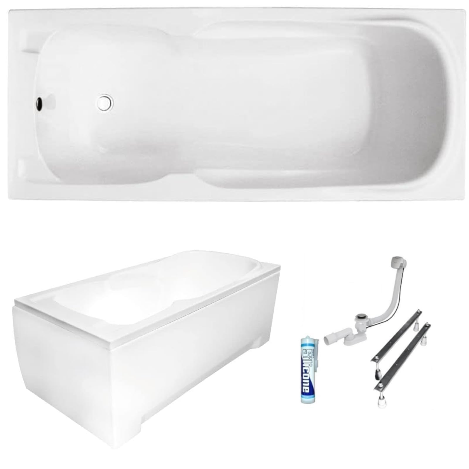 ECOLAM Baignoire rectangle Majka 120x70 cm | tablier en acrylique | pieds siphon + silicone | Baignoire acrylique blanc | Ensemble complet