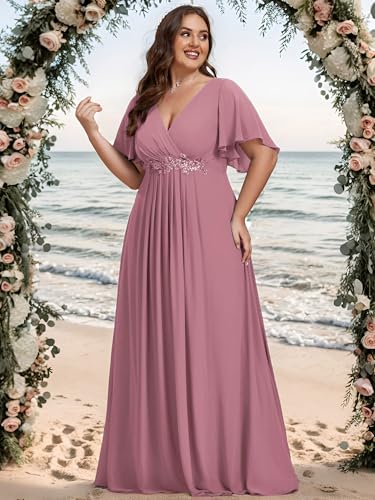 Image of Ever-Pretty Short Sleeves V Neck Plus Size Formal Dresses for Curvy Women Chiffon Mother of The Bride Dress Evening Gowns