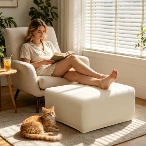 Image of YISUN Super Stretch Square Ottoman Cover - Soft Form Fit Ottoman Slipcover for Foot Stool & Folding Storage, Washable Furniture Protector with Non-Slip Elastic Bottom (M, Beige)