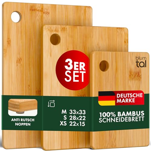 Blumtal Bambus Schneidebrett Carlota 3er Set - Hackbrett mit Loch zum aufhängen, Küchenhelfer aus 100% Bambus mit Silikonfuß