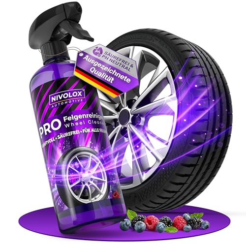 NIVOLOX Pro Felgenreiniger • Säurefrei und PH-neutral • Kraftvolle Felgenreinigung mit Wirkindikator • für alle Felgentypen geeignet • 750 ml Sprühflasche mit Hightech-Formel und Beerenduft NIVOLOX Pro Felgenreiniger • Säurefrei und PH-neutral • Kraftvolle Felgenreinigung mit Wirkindikator • für alle Felgentypen geeignet • 750 ml Sprühflasche mit Hightech-Formel und Beerenduft