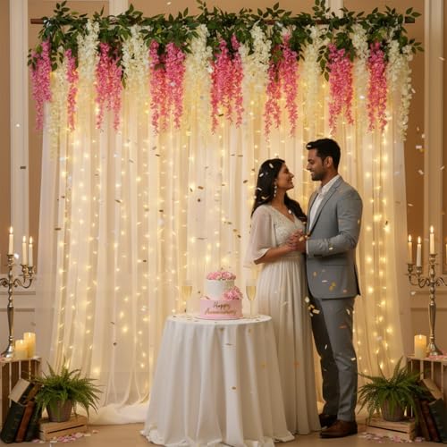 Image of Party Propz White Backdrop for Decorations with Artificial Ivory and Pink Wisteria Flower - 9 Pcs Net Curtain Backdrop Decoration for Wedding, Haldi, Puja, Birthday, Background Decoration Items