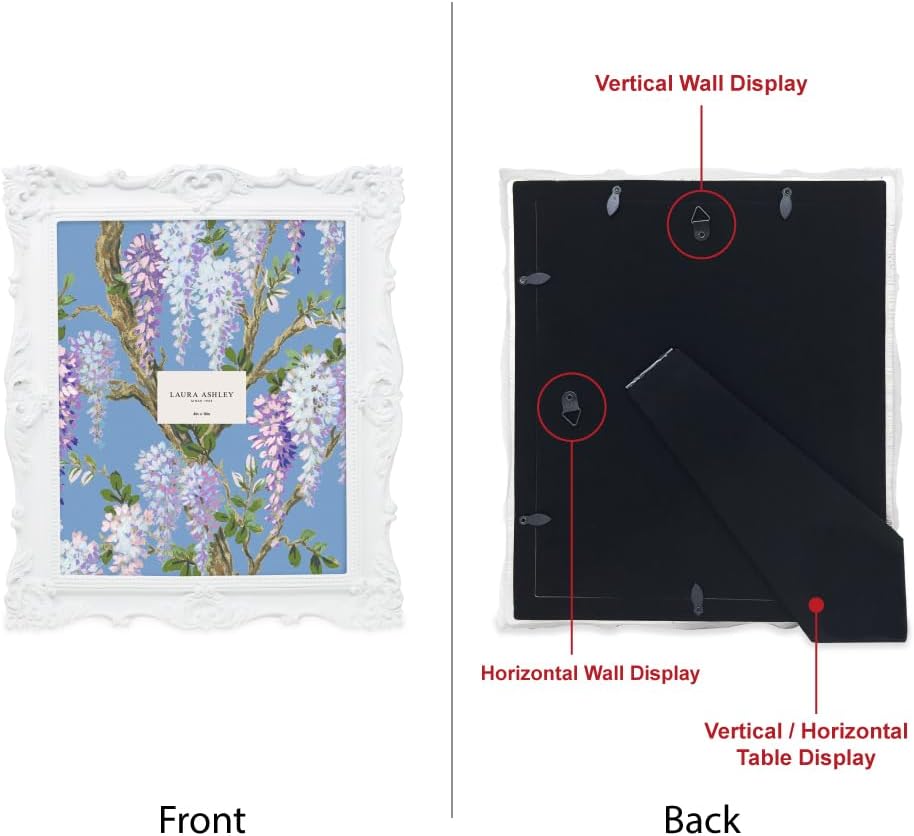 Laura Ashley 8x10 White Ornate Textured Hand-Crafted Resin Picture Frame with Easel & Hook for Tabletop & Wall Display, Decorative Floral Design Home Décor, Photo Gallery, Art, More (8x10, White)