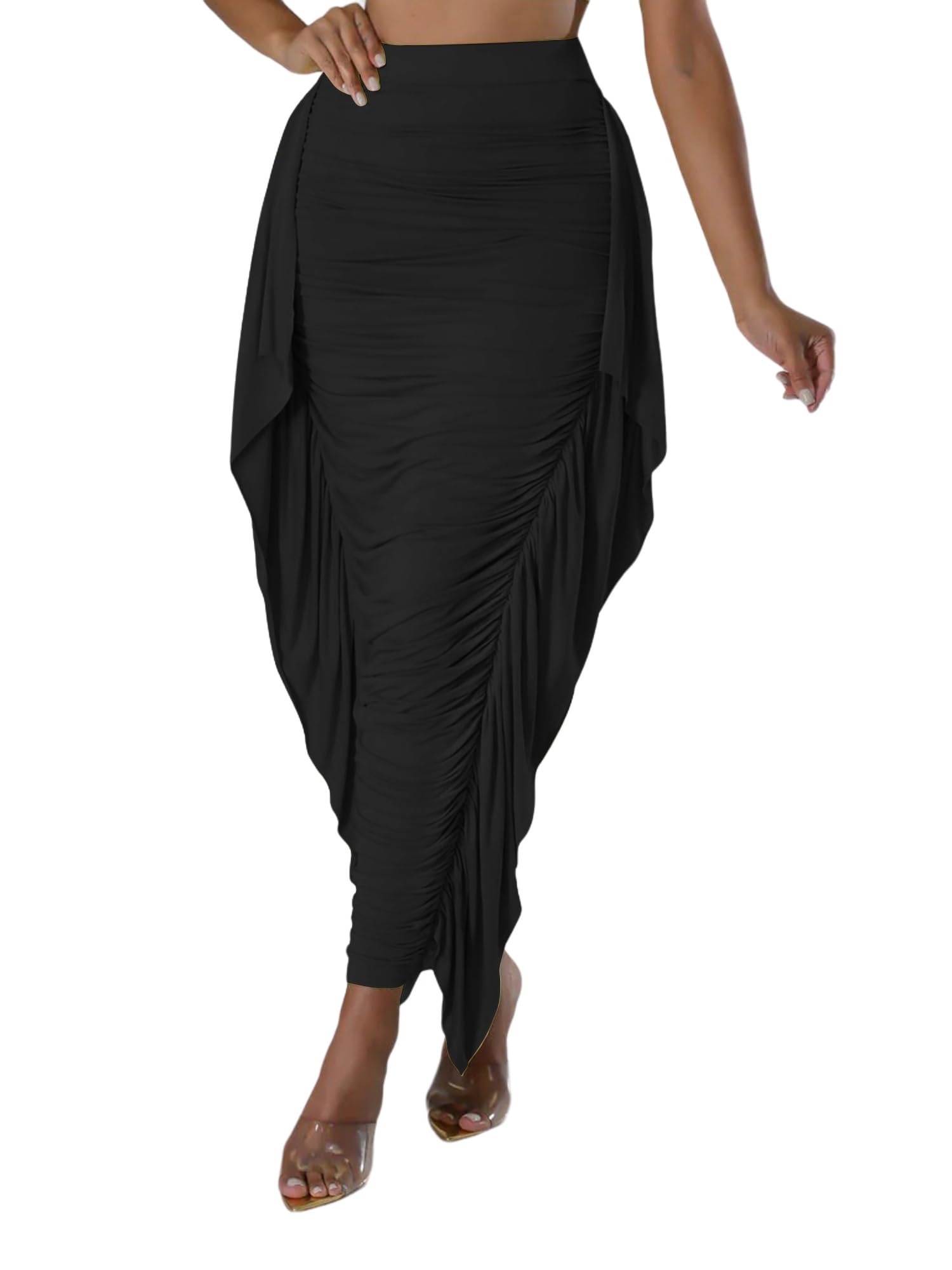 Aisbei Womens Side Ruffles High Waisted Ruhed Bodycon Pencil Long Maxi Skirts