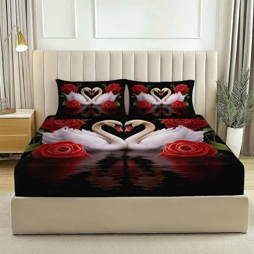 Completo letto Matrimoniale con lenzuolo sopra morbido e confortevole (180x200x30 cm) e 2 federa, motivo Cigno Bianco Rosa Rossa, in microfibra spazzolata 100%, senza rughe e anallergico, Nero