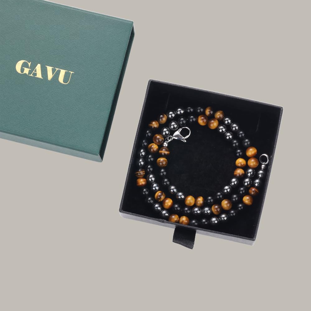 GAVU Collier Triple Protection Homme, Collier Hématite/Œil de Tigre/Obsidienne