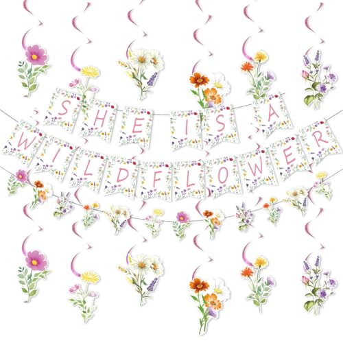 9PCS Flower Birthday Decorations for Girls,She is a wildflower Banner Garland Hanging Swirls and Garland Banner Decoration Baby Shower Party Supplies Baby in Bloom Floral Party Decor for Women
