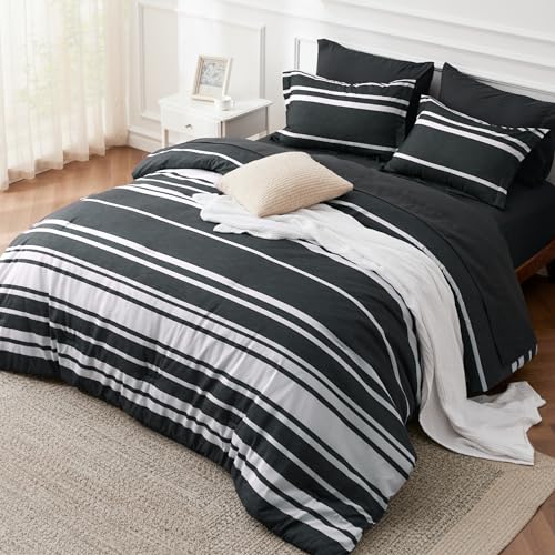 Image of Bedsure Twin Comforter Set 5 Pieces, Black Striped Bedding Set for All Seasons, Reversible, Cationic Dyeing Bed in a Bag with Comforter, Sheets, Pillowcase & Sham