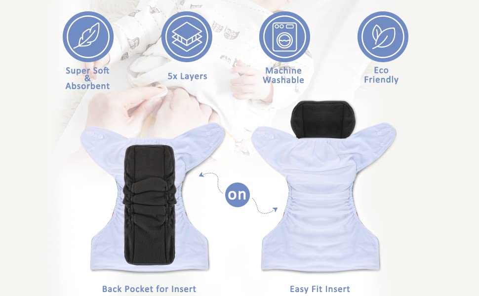 TDIAPERS Cloth Diapers Washable Reusable One Size Adjustable for Baby 6 Pack with 12 Charcoal Bamboo Inserts